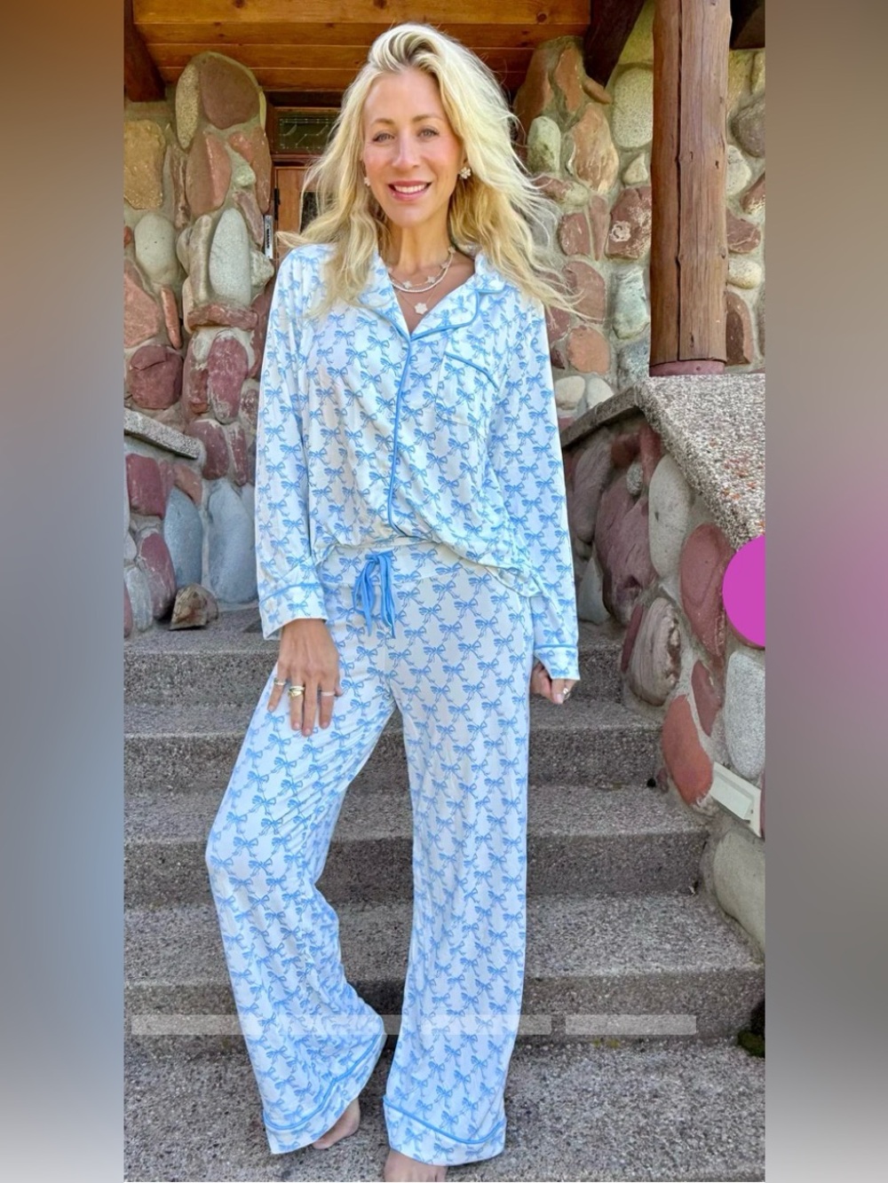 Light Blue Printed Women's Pajama Set – Long-Sleeve Top & Wide-Leg Pants